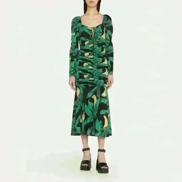 GANNI Tropical Ruched A-Line Midi Dress - Picture 1 of 11